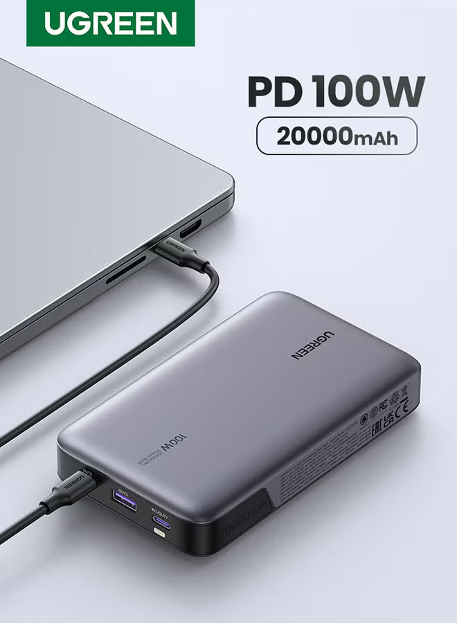 20000 mAh 100W Power Bank Fast Charging Portable Charger Laptop Charger Portable With 2 USB C And 1 USB A Port Battery Pack For Laptop MacBook Dell iPhone 16 15 Series Galaxy S24 S23 Ultra iPad AirPods - Grey