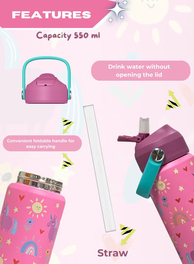 550ml Stainless Steel Water Bottle for Kids, Stay Hydrated with Kids Water Bottle for School, No Leak Bpa Free Unicorn Pink Water Bottle for Girls, Insulated Water Bottle Kids with Straw