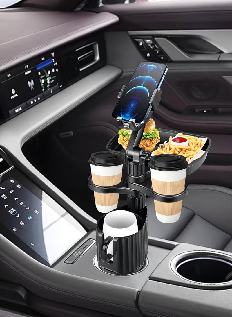 2024 Upgraded 5-in-1 Car Cup Holder - in with Food Tray Table with Phone Holder, 360° Rotation, 3 Cup Holders, Road Trip & Car Traveling Essential Gadget