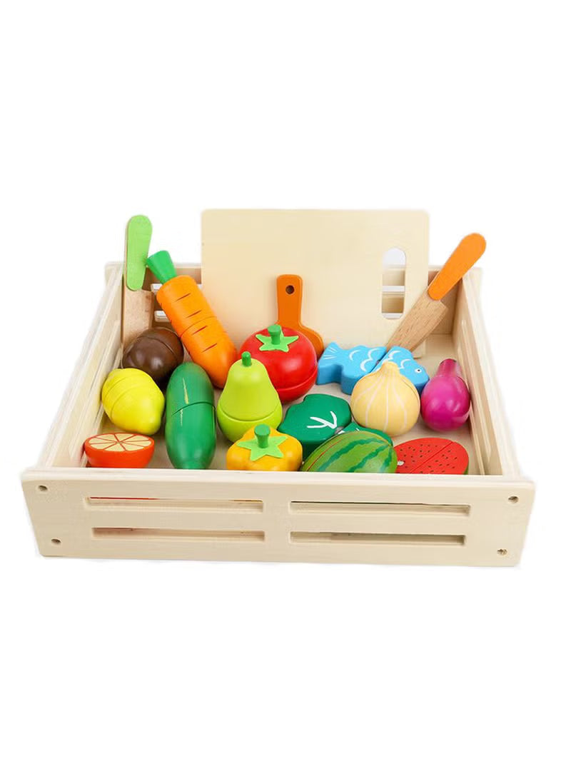 Ponny 17 Pcs Food Fruits & Vegetables Toys Kids Kitchen Pretend Toy Cutting Wooden Set with Wood Storage Box