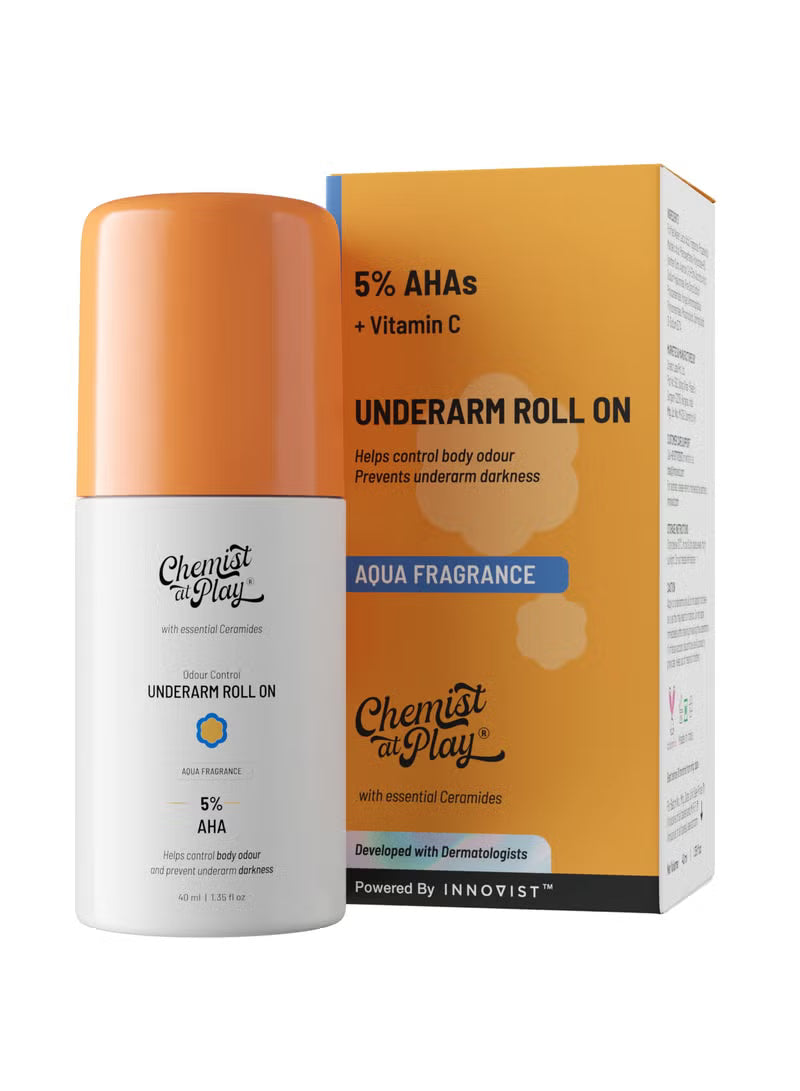 Chemist at Play UnderArm Roll On with Lactic and Mandelic Acid, Removes odour, Whitens and Brightens Skin, Kills Bacteria, Exfoliates Underarm, Long lasting Aqua Fragrance, For Women and Men, 40ml