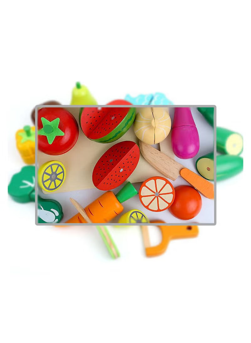 Ponny 17 Pcs Food Fruits & Vegetables Toys Kids Kitchen Pretend Toy Cutting Wooden Set with Wood Storage Box