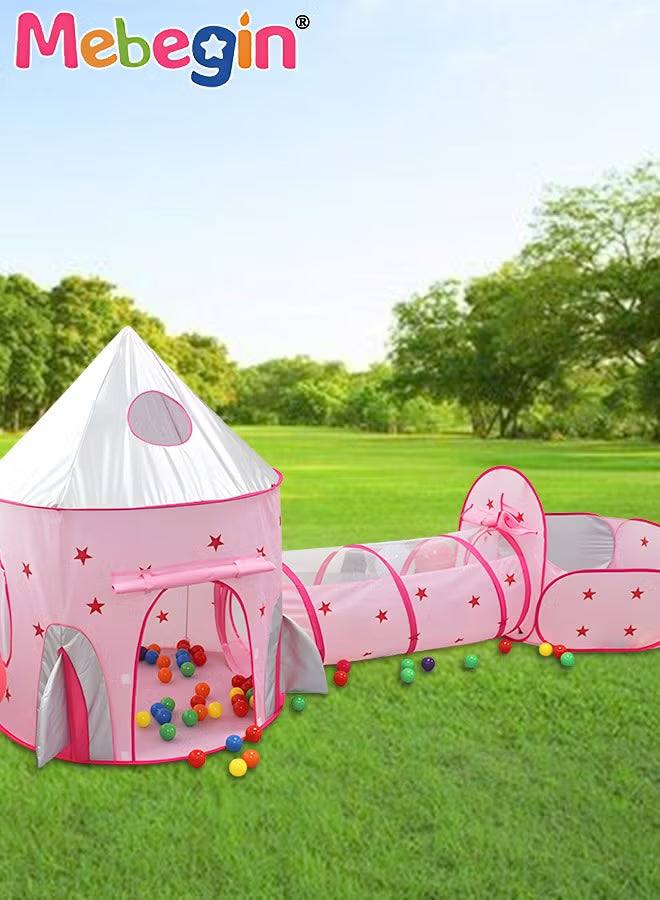 3pc Kids Play Tent for Kids with Ball Pit Basketball Hoop, Crawl Tunnel, Princess Tents for Toddlers, Baby Star World Playhouse Toys, Boys Girls Indoor Outdoor Play House, Perfect Kid's Gifts Pink
