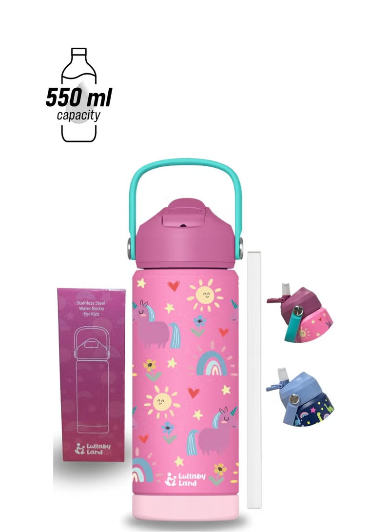 550ml Stainless Steel Water Bottle for Kids, Stay Hydrated with Kids Water Bottle for School, No Leak Bpa Free Unicorn Pink Water Bottle for Girls, Insulated Water Bottle Kids with Straw