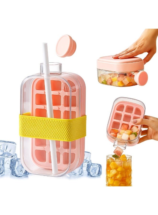 MOMENT 2 in 1 Ice Cube Bottle with Straw Easy Press Ice Tray Water Bottle, Leak Proof Lid, Vertical Tray Perfect for Travel, Gym, Home - 800mL Pink