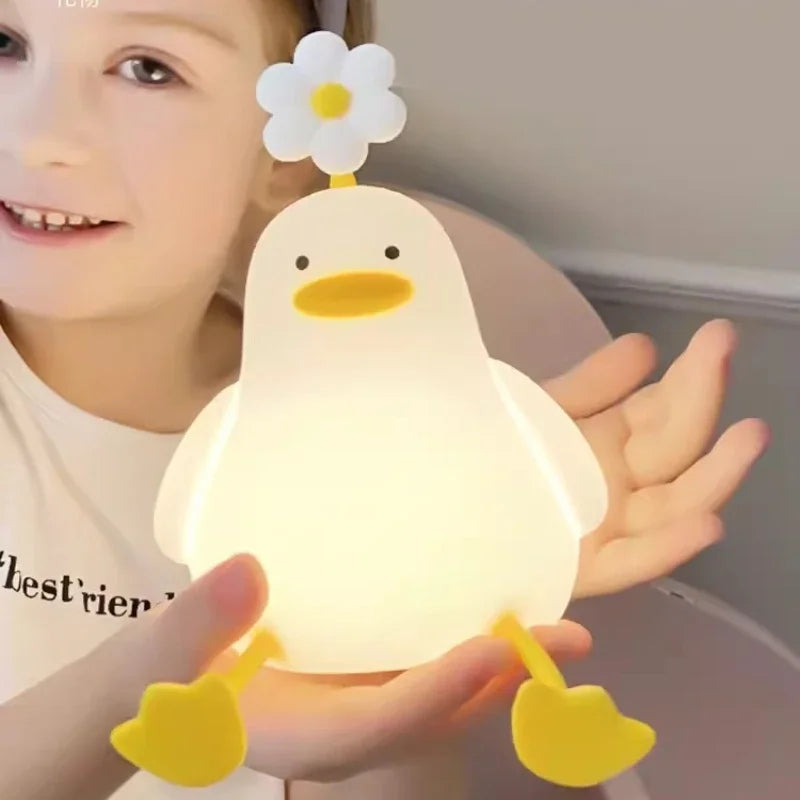 Cute Duck Night Light with Flower – Soft Silicone Kids Lamp